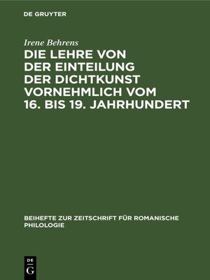 cover image of Die Lehre von der Einteilung der Dichtkunst vornehmlich vom 16. bis 19. Jahrhundert